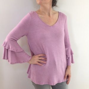Pink Ruffle Bell Sleeves V-Neck Tunic Top, Medium